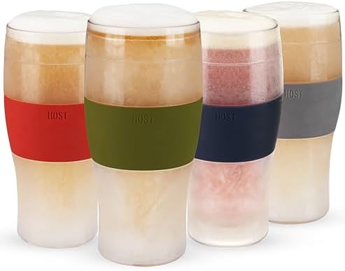 HOST Beer FREEZE Beer Glass Cups Set Drinking Glasses, Freezer Mugs with Gel Double Walled Cool Cups Plastic Multicolor 16oz Set of 4 by HOST