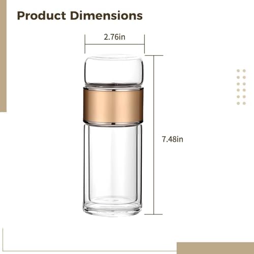 Tea Infuser Bottle, Double Wall Glass Travel Mug, Heat Safe Tea Tumbler, Loose Leaf Tea Strainer Cup, Glass Water Tea Tumbler for Homes and Offices, Champagne Gold, 11.8 oz - Image 4