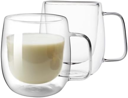 Double Wall Glass Coffee Mugs -11.8Oz Clear Insulated Glass Espresso Cups with Handle Mugs for Hot Beverages,set of 2 Perfect for Cappuccino Latte Americano Tea Bag (Large (2 PACK)) by cosetoor