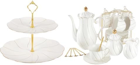 DUJUST 22 pcs Porcelain Tea Set for 6 ＆ Larger 2-Tier Cupcake Stand Tower, Luxury British Style Tea/Coffee Cup Set with Golden Trim, Food Grade Dessert Display Stand for Tea Party - White by DUJUST