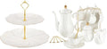 DUJUST 22 pcs Porcelain Tea Set for 6 ＆ Larger 2-Tier Cupcake Stand Tower, Luxury British Style Tea/Coffee Cup Set with Golden Trim, Food Grade Dessert Display Stand for Tea Party - White by DUJUST