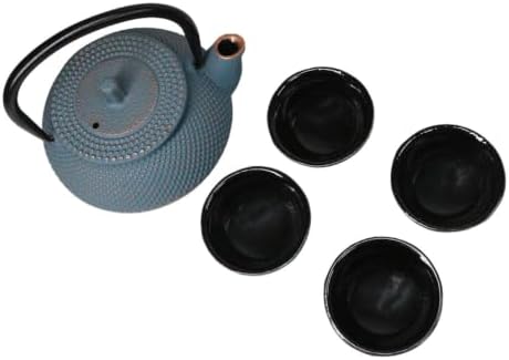 Ebros Gift Traditional Oriental Tetsubin Small Cast Iron 10oz Teapot With Strainer And 4 Mini Tea Cups 1oz Asian Fusion Housewarming Tea Service Drinkware Accent (Sky Blue Rustic Hobnails Texture) - Image 2