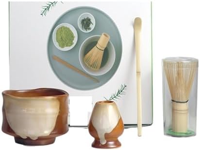 4PCS Hand Painted Traditional Pattern Matcha Tea Set Gift Bowl With Spout Whisk Holder Complete Kit(4-piece set A) by Unknown