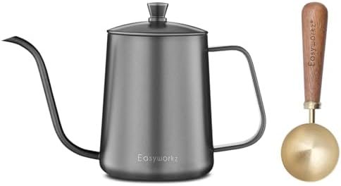 Easyworkz Gage Gooseneck Pour Over Coffee Kettle 20 oz (Black), Bundled with Easyworkz Retro Stainless Steel Coffee Spoon With Black Walnut Handle,10g - Measuring Spoon (Brushed gold) by Easyworkz