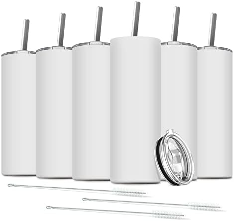 6 Pack Stainless Steel Skinny Tumbler, 20 OZ Double-Insulated Water Tumbler Cup with 6 Straw and 3 Brush, Vacuum Travel Mug Gift for Hot Cold Drinks with Cleaning(White) by Deitybless
