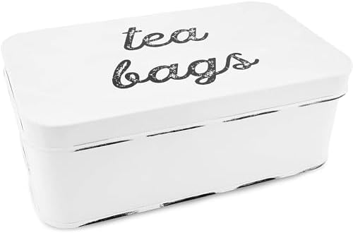 AuldHome Design Farmhouse Tea Bag Box (White), Vintage Retro Style Enamelware Tea Storage Tin by AuldHomeDesign