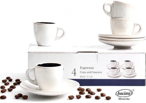 Bacimi® Espresso Cups and Saucers Set of 4 – 2.7oz Thick Barista Style Stoneware Cups - Blue Glaze Classic Italian Design - Ceramic Cups For Espresso, Macchiato, Doppio – Dishwasher & Microwave Safe by Bacimi