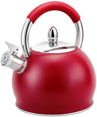 Stainless Steel Stovetop Kettle with Whistle 3.2 Qt (3 L) Tea Pot for Stove Top, Matte Kitchen Tea Whistling Kettle with Ergonomic Silicone Handle, Induction Safe (Red) by STP-Goods