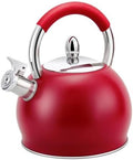 Stainless Steel Stovetop Kettle with Whistle 3.2 Qt (3 L) Tea Pot for Stove Top, Matte Kitchen Tea Whistling Kettle with Ergonomic Silicone Handle, Induction Safe (Red) by STP-Goods