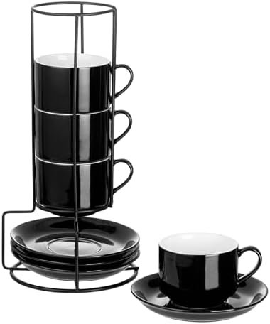 YOLIFE 8 Ounce Porcelain Stackable Cappuccino Cups and Saucers Set of 4 by YOLIFE