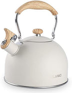 Tea Kettle, BELANKO 85 OZ / 2.5 Liter Whistling Tea Kettle Pots for Stove Top Food Grade Stainless Steel with Wood Pattern Folding Handle, Loud Whistle for Tea, Coffee, Milk - Milk White by BELANKO