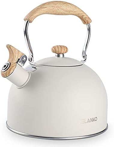 Tea Kettle, BELANKO 85 OZ / 2.5 Liter Whistling Tea Kettle Pots for Stove Top Food Grade Stainless Steel with Wood Pattern Folding Handle, Loud Whistle for Tea, Coffee, Milk - Milk White by BELANKO