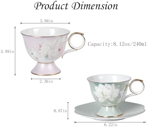 KAMMAK Tea Cups Set of 2,Ceramic Floral Pattern Demitasse Cup - Image 2