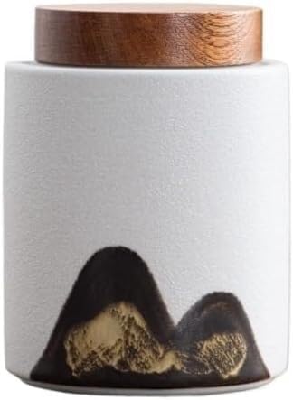 ELEFOCUS Sugar Jar Hand-painted Distant Mountains Portable Tea Jar Ceramic Sealed Timber Lid Red And White Longjing Tea Canister(B) by ELEFOCUS