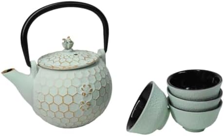 Ebros Gift Traditional Oriental Tetsubin Small Cast Iron 10oz Teapot With Strainer And 4 Mini Tea Cups 1oz Asian Fusion Housewarming Tea Service Drinkware Accent (Mint Green Honeycomb Textured) - Image 3