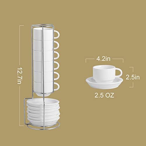 Sweejar Porcelain Espresso Cup & Saucer Set, Stackable Demitasse Cups with Metal Stand, 2.5 OZ for Latte,Coffee,Cafe Mocha,Tea, Set of 6(Blue) - Image 2