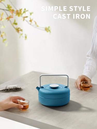 Toptier Teapot with Removable Infuser, Cast Iron Tea Kettle Stovetop Safe, Solid Geometry Cylinder Design Tea Pot Coated with Enameled Interior for 27 Ounce (800 ml), Blue - Image 2
