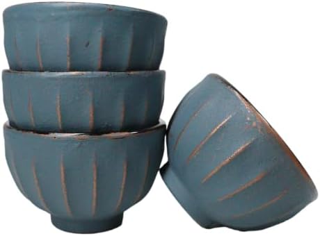 Ebros Gift Pack Of 4 Japanese Traditional Tetsubin Style Textured Surface Cast Iron Tea Cups Teacups Drinkware Tea Service Far East Decorative Accent (Blue And Gold Ridged Lines) by EbrosGift