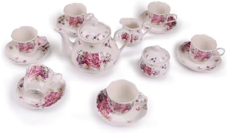 Guangyang 15pcs Porcelain Tea Sets 7 OZ Cups& Saucer Service for 6, with Teapot Sugar Bowl Cream Pitcher for Tea/Coffee by HOME