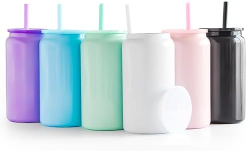 Stainless Steel Cups with Lids and Straws, 16 oz, 6 Pcs, Bright Color by FECBK