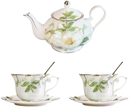 Vintage Floral Porcelain Bone China Tea Set - 1 Teapot, 2 Cups & Saucers with Gold Trim, Includes 2 Spoon, 22oz Floral Ceramic Teapot (Suitable for 1 to 3 people) (White Camellia) by Unknown