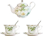 Vintage Floral Porcelain Bone China Tea Set - 1 Teapot, 2 Cups & Saucers with Gold Trim, Includes 2 Spoon, 22oz Floral Ceramic Teapot (Suitable for 1 to 3 people) (White Camellia) by Unknown