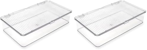 Isaac Jacobs Small Stackable Organizer Bin (10.75” x 6.5” x 2.4”) w Hinged Lid Clear Storage Box Home Office School Fridge Bathroom Kitchen Pantry Container BPAFree Food Safe (Small Clear) (Pack of 2) by IsaacJacobs