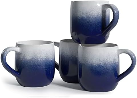 Set of 4 Large 16oz Ceramic Coffee Mugs – Stoneware Coffee Mug Tea Cup Set, 5.25” x 3.75”, Blue/Ivory by Modern+Market