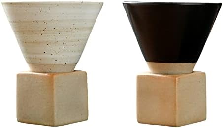 Coarse Pottery Coffee Mug with Base, 200ml Creative Triangular Cone Shape Porcelain Mug, Ceramic Tea Cup for Gift Coffee Tea Latte Milkshake Yogurt (white+black) by Ddewing