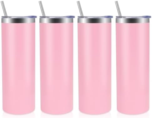 Volhoply 4 Pack Skinny Tumblers with Lid and Straw, 20oz Stainless Steel Straight Tumbler Bulk, Vacuum Insulated Coffee Mug for Home, Office, Travel, DIY (Pink,4 Pack) by LiveFully%EF%BC%8CDrinkFreely%E2%80%94KeepGoingwithVolhoply%EF%BC%81