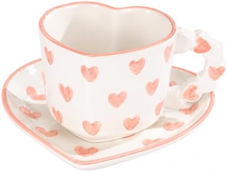 Pink Cute Heart Shaped Coffee Mug with Saucer, 260ML Ceramic Tea Cup with Heart Handle, Aesthetic Latte Cappuccino Mug for Coffee Tea, Gift for Women Girls by HDJNal