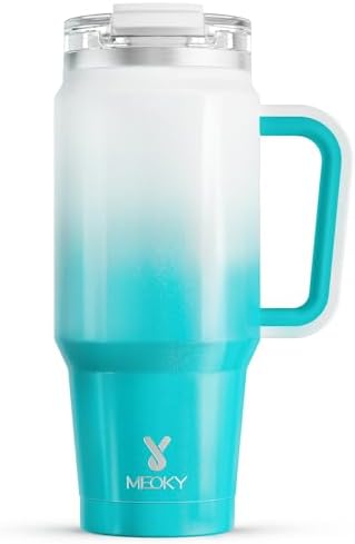 Meoky 32 oz Tumbler with Handle, Insulated Tumbler with Lid and Straw, Stainless Steel Travel Mug, Keeps Cold for 24 Hours, 100% Leak Proof, Fits in Car Cup Holder (Azure) by MEOKY