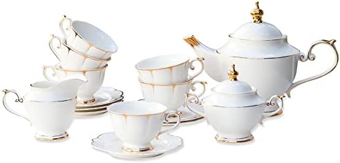 ACMLIFE Tea Sets for Adults Fine Bone China Tea Set for 6, Porcelain Teapot Sets for Adults 24K Gold, Afternoon Modern Cups and Saucers for Women Tea Party or Gifts Giving (White) by ACMLIFE