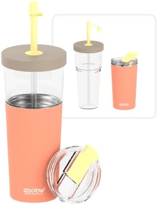 asobu ClearInsulation Straw Tumbler Marina a Tritan 28 oz Tumbler with 17 Oz Stainless Steel Insulated Sleeve for Ice Coffee or Hot Tea with a Flexi Straw Spill Proof Lid and a Flip Open Lid,Peach by Asobu