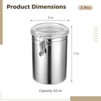 3 PCS Stainless Steel Kitchen Canisters, 62 oz Airtight Metal Food Storage Containers with Clear Clamp Lids, Coffee Bean Tea Sugar Flour Canister Set for Kitchen Pantry Counter Shelf - Image 3
