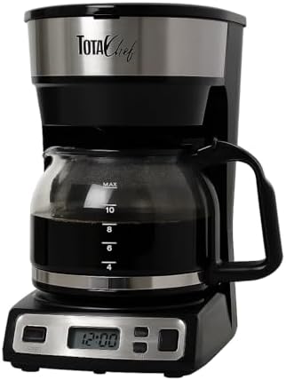 Total Chef TCCM06 Programmable Coffee Maker Stainless Steel with 12-Cup Glass Carafe, LCD Display, Reusable Basket Filter Easy Cleanup Built in Water-Level Indicator, Countertop, Black/Gray by Koolatron
