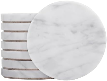 Carrara White Marble Coasters Set of 8, 3.9” Round with Cork Base by JUNTALIS