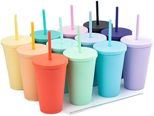 Tumblers with Lids (12 pack) 16oz Colored Acrylic Cups with Lids and Straws | Double Wall Matte Plastic Bulk Tumblers With FREE Straw Cleaner! Vinyl Customizable DIY Gifts (Assorted) by STRATACUPS