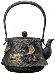 Cast Iron Teapot Dragon Relief Kettle, Traditional Japanese Tetsubin with Gilded Cloud and Dragon Relief, Featuring A Coiled Dragon Handle by Unknown