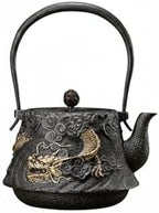 Cast Iron Teapot Dragon Relief Kettle, Traditional Japanese Tetsubin with Gilded Cloud and Dragon Relief, Featuring A Coiled Dragon Handle by Unknown