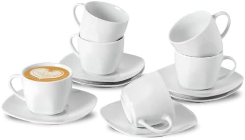 6.5 Ounce Porcelain Espresso Cups and Saucers Set of 6, Ceramic Cappuccino Demitasse Mugs Square Stackable Coffee Cup with Saucer Set for Coffee Drink, Espresso, Latte, Cafe Mocha and Tea Party, White by fMBB