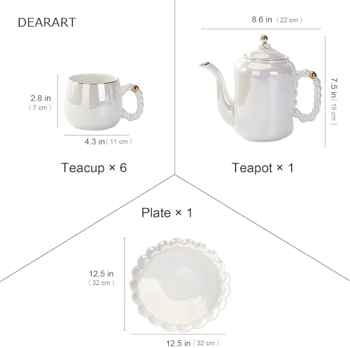DEARART Luxury Pearl Ceramic Tea Set, 1 Teapot & 6 Cups & Serving Tray & Tea Shelf, Gold Rim Beaded Handle Porcelain Coffee Tea Service Set, Elegant White Tea Cup Set for Home, Afternoon Tea etc. - Image 7