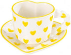 Yellow Cute Heart Shaped Coffee Mug with Saucer, 260ML Ceramic Tea Cup with Heart Handle, Aesthetic Latte Cappuccino Mug for Coffee Tea, Gift for Women Girls by HDJNal