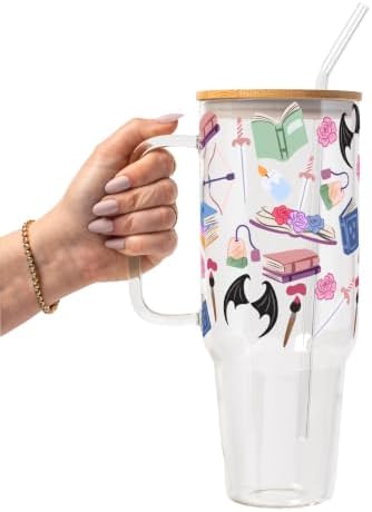 Sip-Sip Hooray! Bat Fantasy Bookish 40oz Glass Tumbler with Handle, Lid and Straw, Romantasy Fae Reader Iced Coffee Cup, Bat Wings Roses Daggers Book Lover Tumbler by Sip-SipHooray