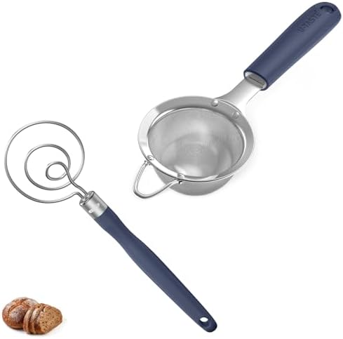U-Taste 18/8 Stainless Steel 3.35in Medium Fine Mesh Strainer and 12.6in Stainless Steel Danish Dough Whisk (Midnight Blue) by U-Taste