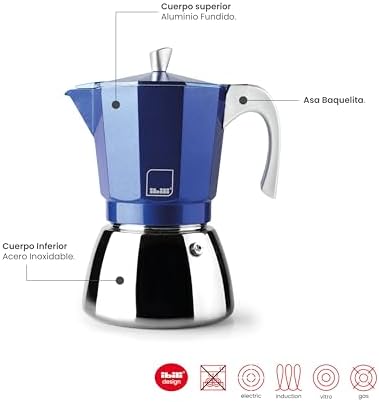 IBILI - Elba Blue espresso machine, 3 cups, 150 ml, cast aluminium, stainless steel base, with reducer for 2 cups, suitable for induction - Image 5