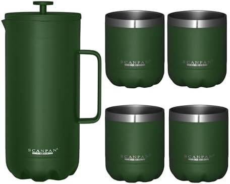 Scanpan TO GO French Press Coffee Maker 1.0L (Forest Green) + 4 Vacuum Cups 250 mL (Forest Green) - 18/8 Food Grade Stainless Steel - Scratch-Free Coating - Dishwasher Safe by Scanpan