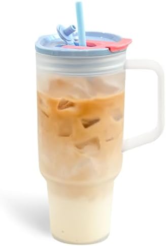 40oz Frosted Plastic Tumbler with Handle and Straw Lid, Reusable Large Iced Coffee Cup Travel Mug for Cold Drinks, Clear Acrylic Tumbler Cup for Smoothies, Tea, Juice, Office & Outdoor Use - Blue by Unknown
