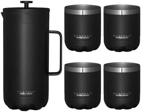 Scanpan TO GO French Press Coffee Maker 1.0L (Black) + 4 Vacuum Cups 250 mL (Black) - 18/8 Food Grade Stainless Steel - Scratch-Free Coating - Dishwasher Safe by Scanpan