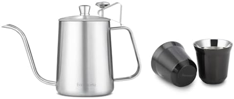 Easyworkz Gage Gooseneck Pour Over Coffee Kettle 20 oz with Thermometer, Silver, Bundled with Easyworkz Stainless Steel Espresso Cup 2pcs Set Double Wall Insulated Metal Demitasse Cups (Black, 5 oz) by Easyworkz